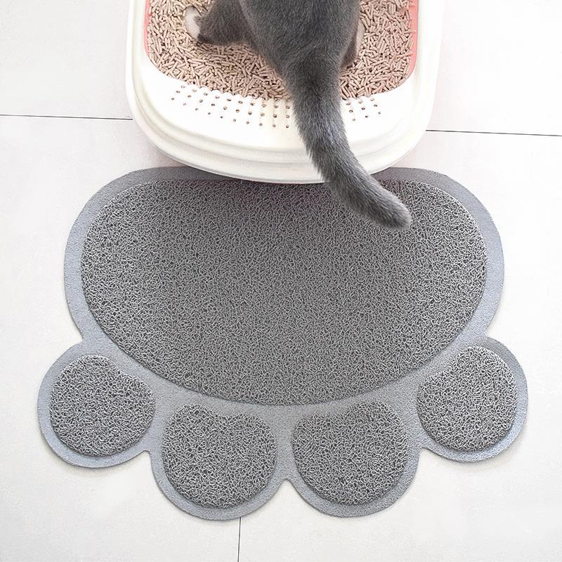 Chat sortant de sa litière en posant les pattes sur le tapis