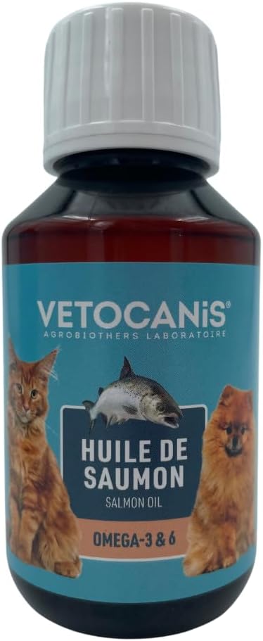 Vetocanis | Huile de Saumon pour Chien et Chat | Aliment Complémentaire Chien et Chat | A Base d'Oméga 3 et 6 | Hygiène et Santé du Chien et du Chat | 250 ML
