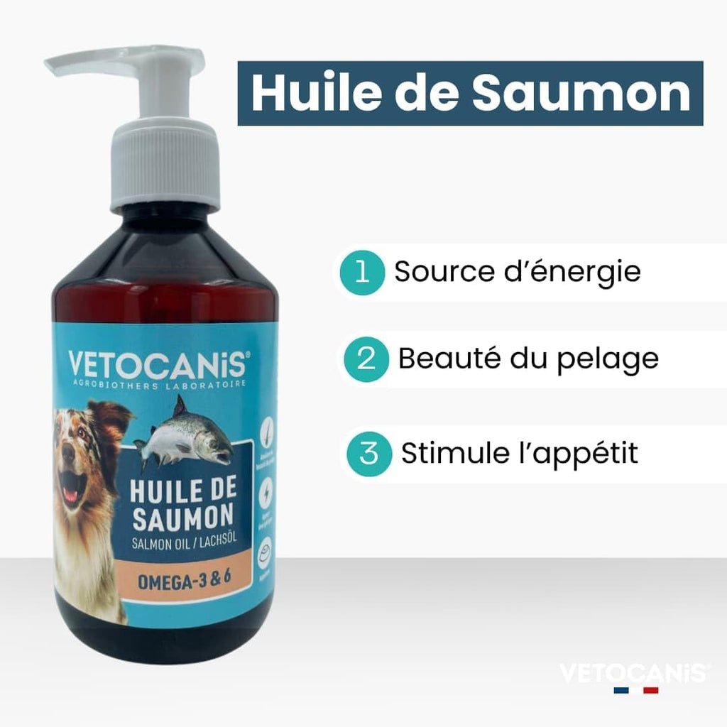 Vetocanis | Huile de Saumon pour Chien et Chat | Aliment Complémentaire Chien et Chat | A Base d'Oméga 3 et 6 | Hygiène et Santé du Chien et du Chat | 250 ML