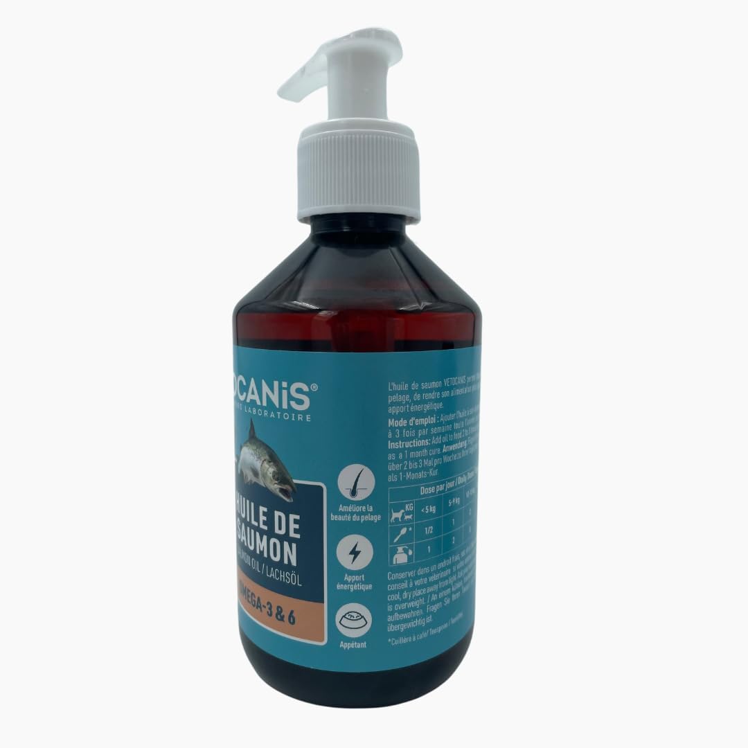 Vetocanis | Huile de Saumon pour Chien et Chat | Aliment Complémentaire Chien et Chat | A Base d'Oméga 3 et 6 | Hygiène et Santé du Chien et du Chat | 250 ML