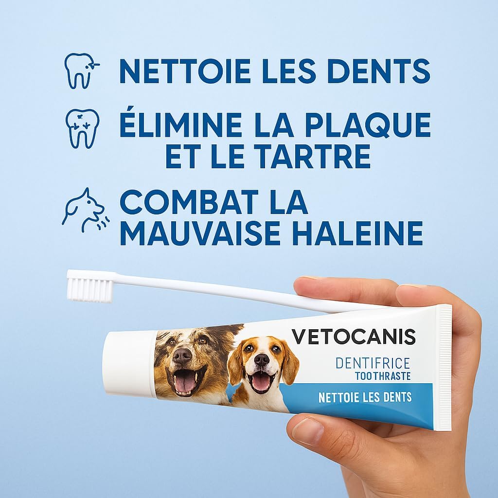 Vetocanis - Brosse à Dents Chien, Dentifrice (Tube 85g) et Brosse à Doigts - Kit Dentaire Chien - Dentifrice Triple Action, Nettoie les Dents, Réduit le Tartre, Combat la Mauvaise Haleine