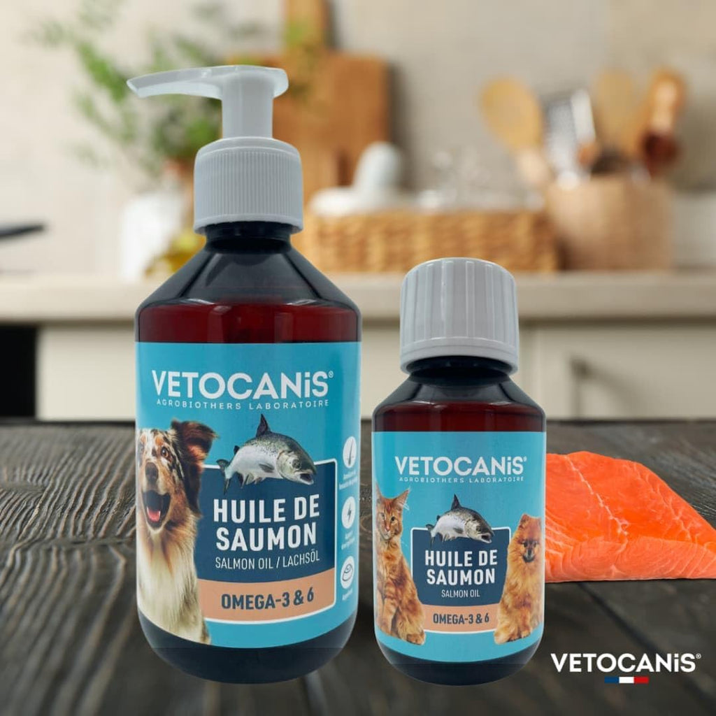 Vetocanis | Huile de Saumon pour Chien et Chat | Aliment Complémentaire Chien et Chat | A Base d'Oméga 3 et 6 | Hygiène et Santé du Chien et du Chat | 250 ML