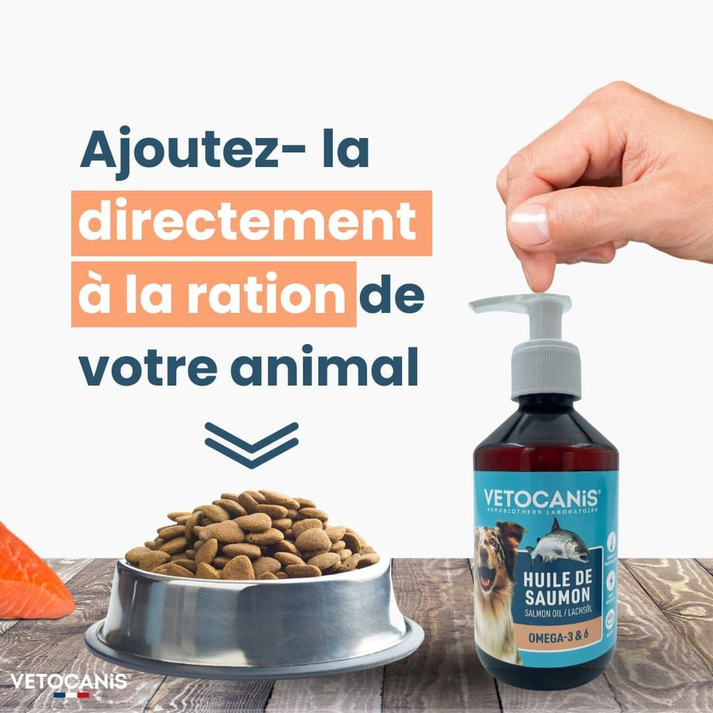 Vetocanis | Huile de Saumon pour Chien et Chat | Aliment Complémentaire Chien et Chat | A Base d'Oméga 3 et 6 | Hygiène et Santé du Chien et du Chat | 250 ML
