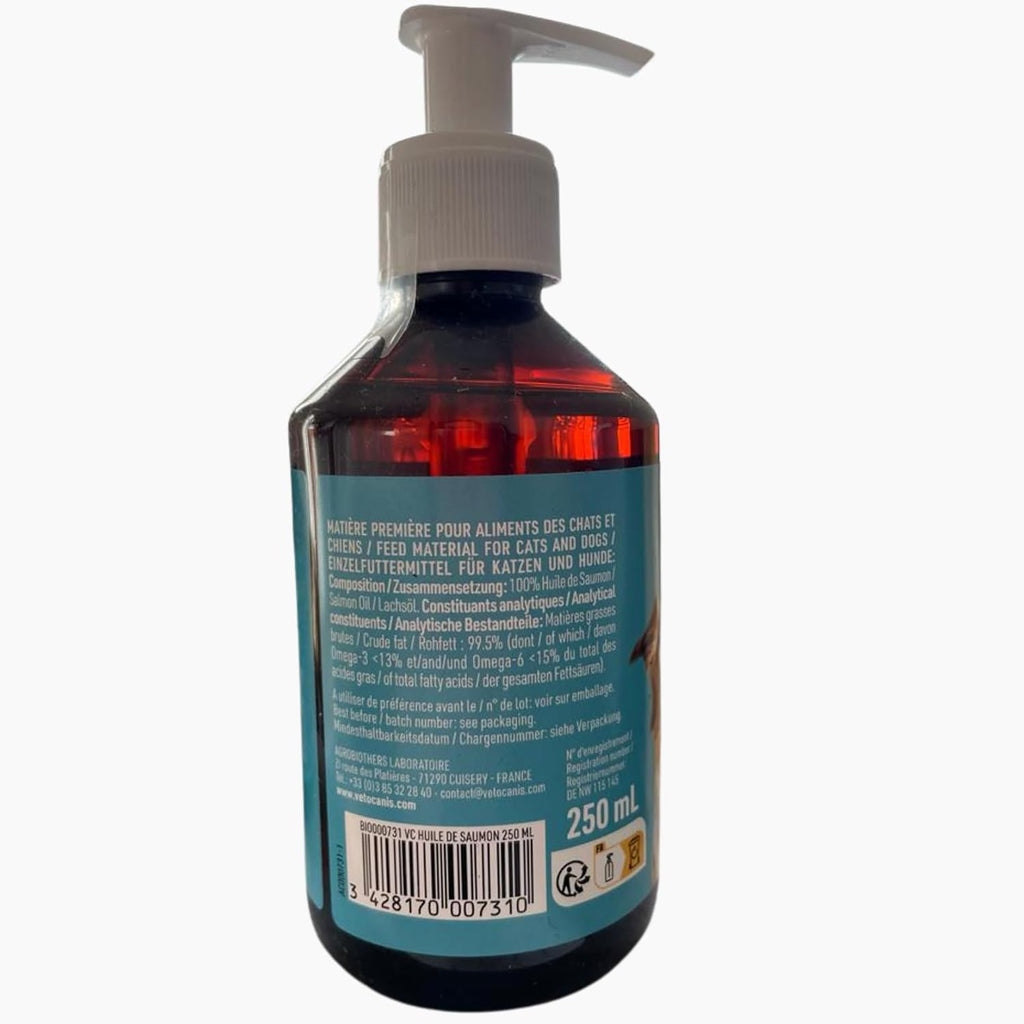 Vetocanis | Huile de Saumon pour Chien et Chat | Aliment Complémentaire Chien et Chat | A Base d'Oméga 3 et 6 | Hygiène et Santé du Chien et du Chat | 250 ML