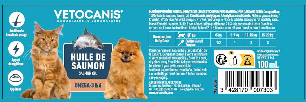 Vetocanis | Huile de Saumon pour Chien et Chat | Aliment Complémentaire Chien et Chat | A Base d'Oméga 3 et 6 | Hygiène et Santé du Chien et du Chat | 250 ML