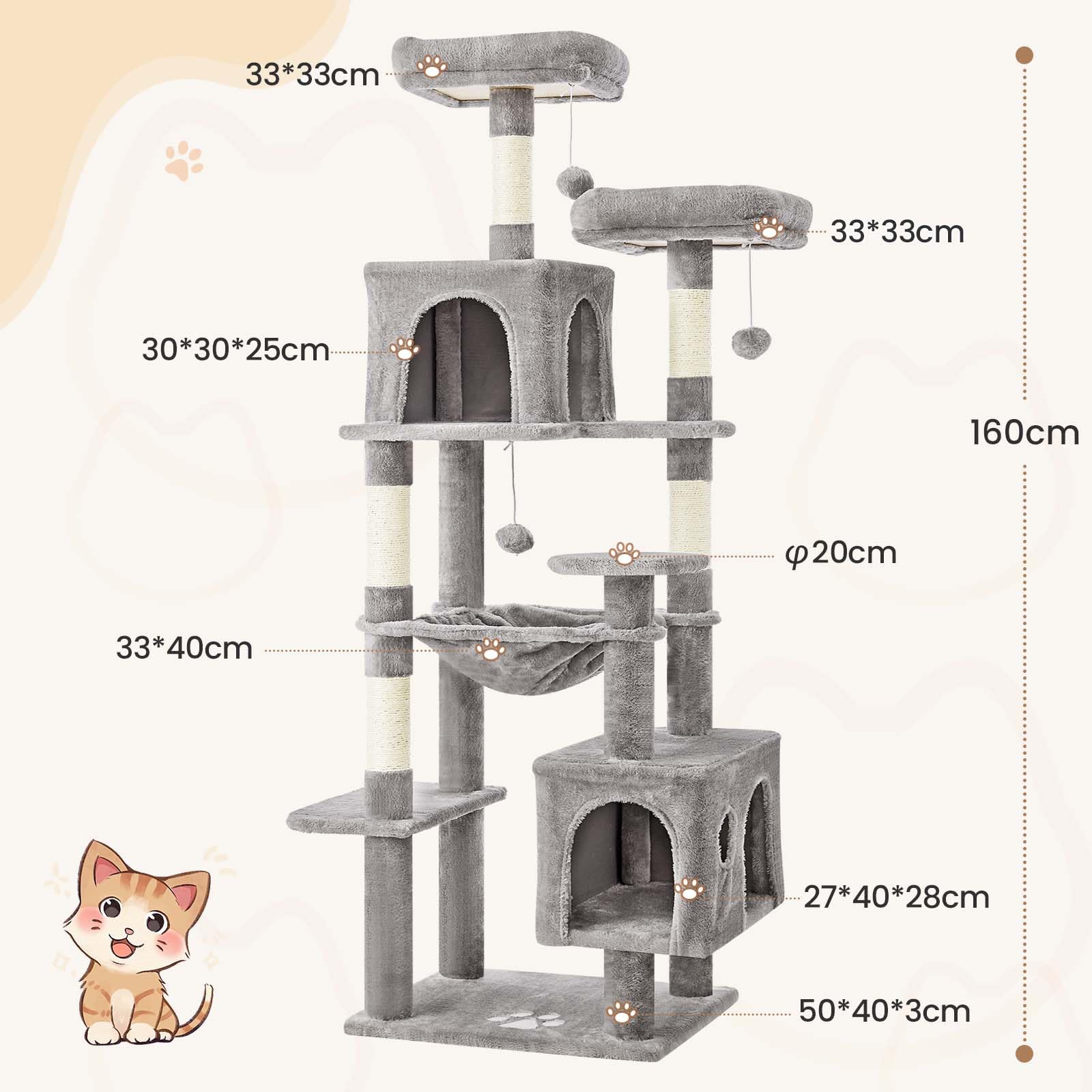 MSmask Grand arbre à chat stable en forme de L avec 2 plateformes, 2 niches pour chats, hamac, poteaux en sisal, arbre d'escalade à plusieurs niveaux pour chats (gris foncé, 160 cm)