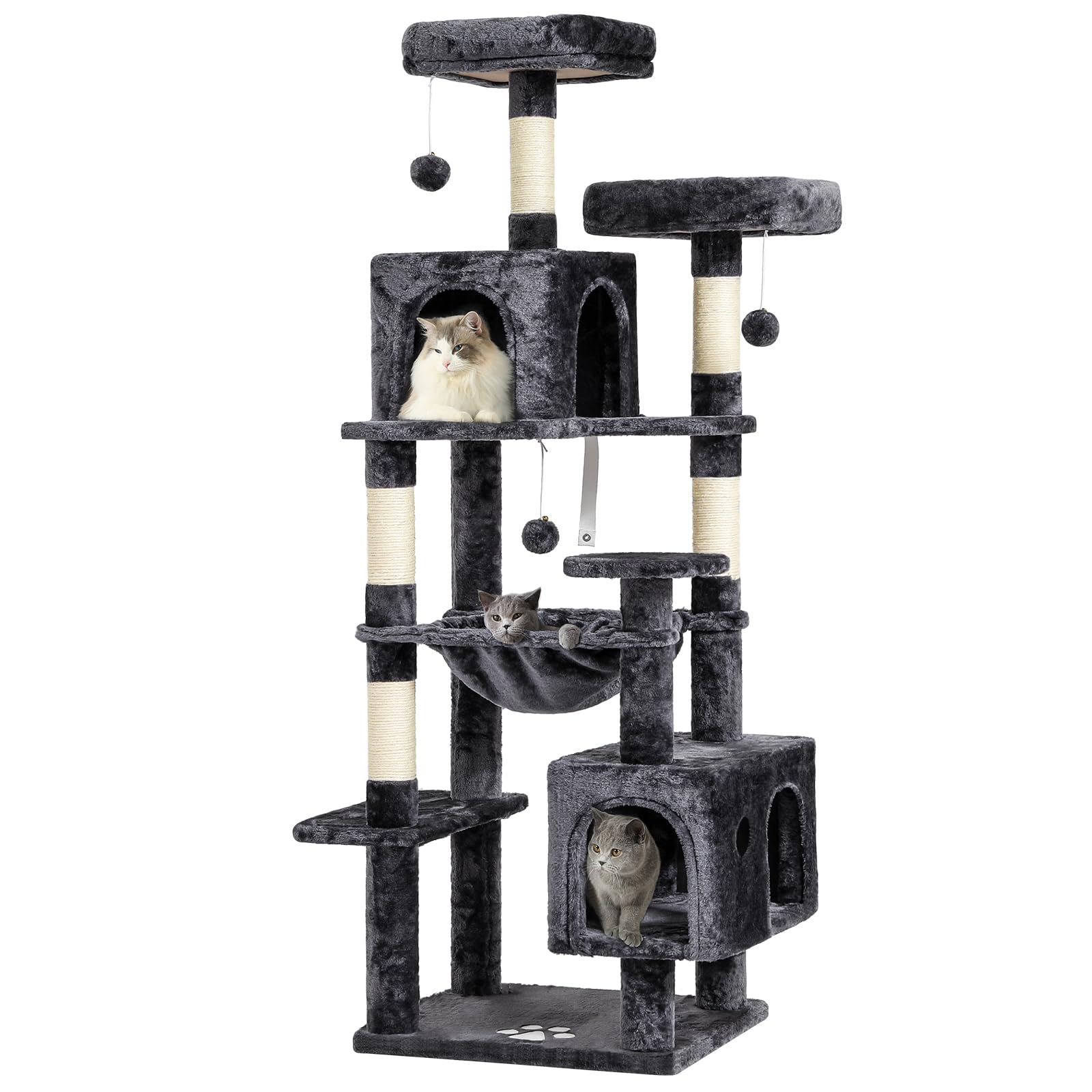 MSmask Grand arbre à chat stable en forme de L avec 2 plateformes, 2 niches pour chats, hamac, poteaux en sisal, arbre d'escalade à plusieurs niveaux pour chats (gris foncé, 160 cm)