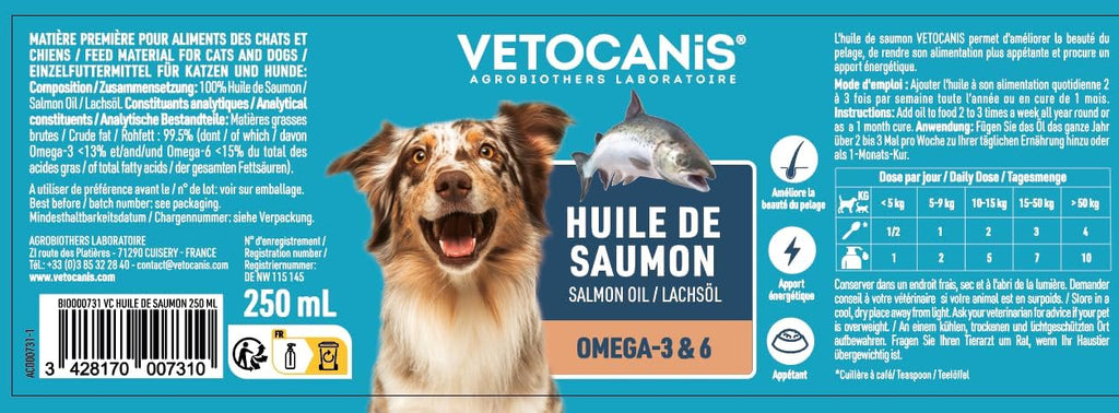 Vetocanis | Huile de Saumon pour Chien et Chat | Aliment Complémentaire Chien et Chat | A Base d'Oméga 3 et 6 | Hygiène et Santé du Chien et du Chat | 250 ML