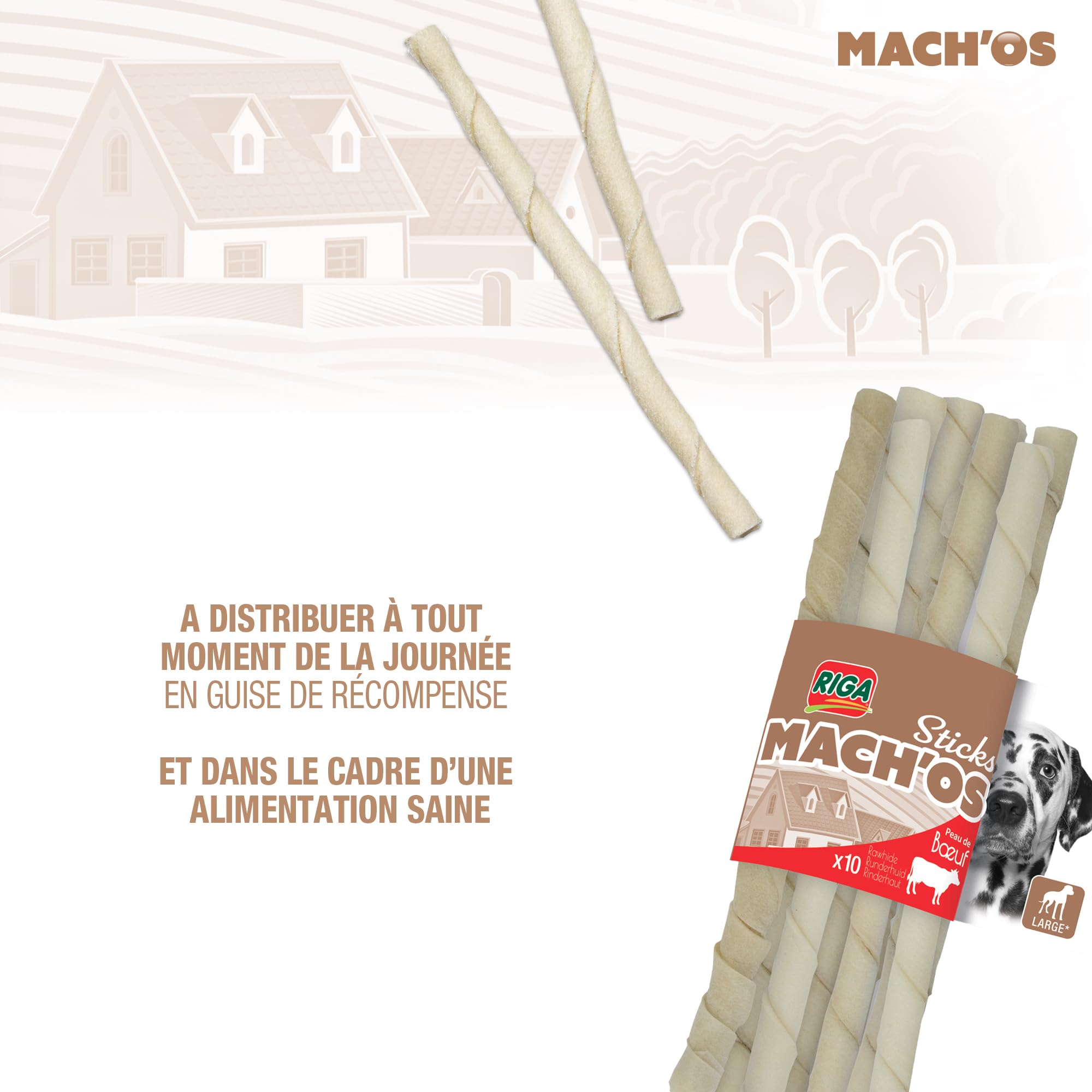 RIGA - Mach'os - Bâtonnet Torsadé Blanc - Friandise Chien - Peau De Buffle - Riche en Protéines - Hygiène Buccale - Mastication Et Récompense - pour Grand Chien - x 10