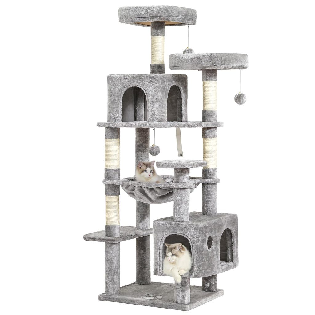 MSmask Grand arbre à chat stable en forme de L avec 2 plateformes, 2 niches pour chats, hamac, poteaux en sisal, arbre d'escalade à plusieurs niveaux pour chats (gris foncé, 160 cm)