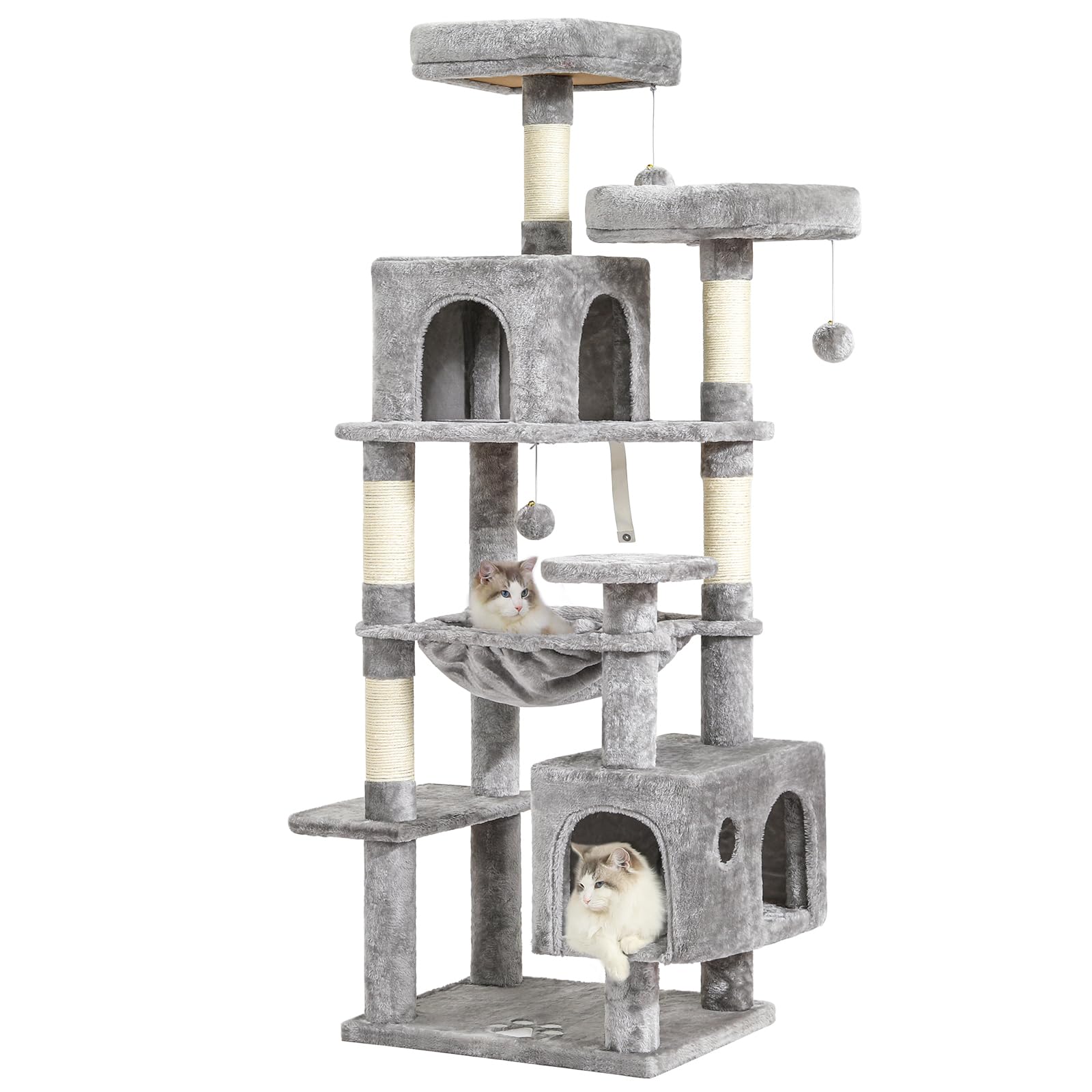 MSmask Grand arbre à chat stable en forme de L avec 2 plateformes, 2 niches pour chats, hamac, poteaux en sisal, arbre d'escalade à plusieurs niveaux pour chats (gris foncé, 160 cm)