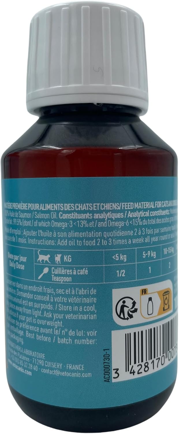 Vetocanis | Huile de Saumon pour Chien et Chat | Aliment Complémentaire Chien et Chat | A Base d'Oméga 3 et 6 | Hygiène et Santé du Chien et du Chat | 250 ML
