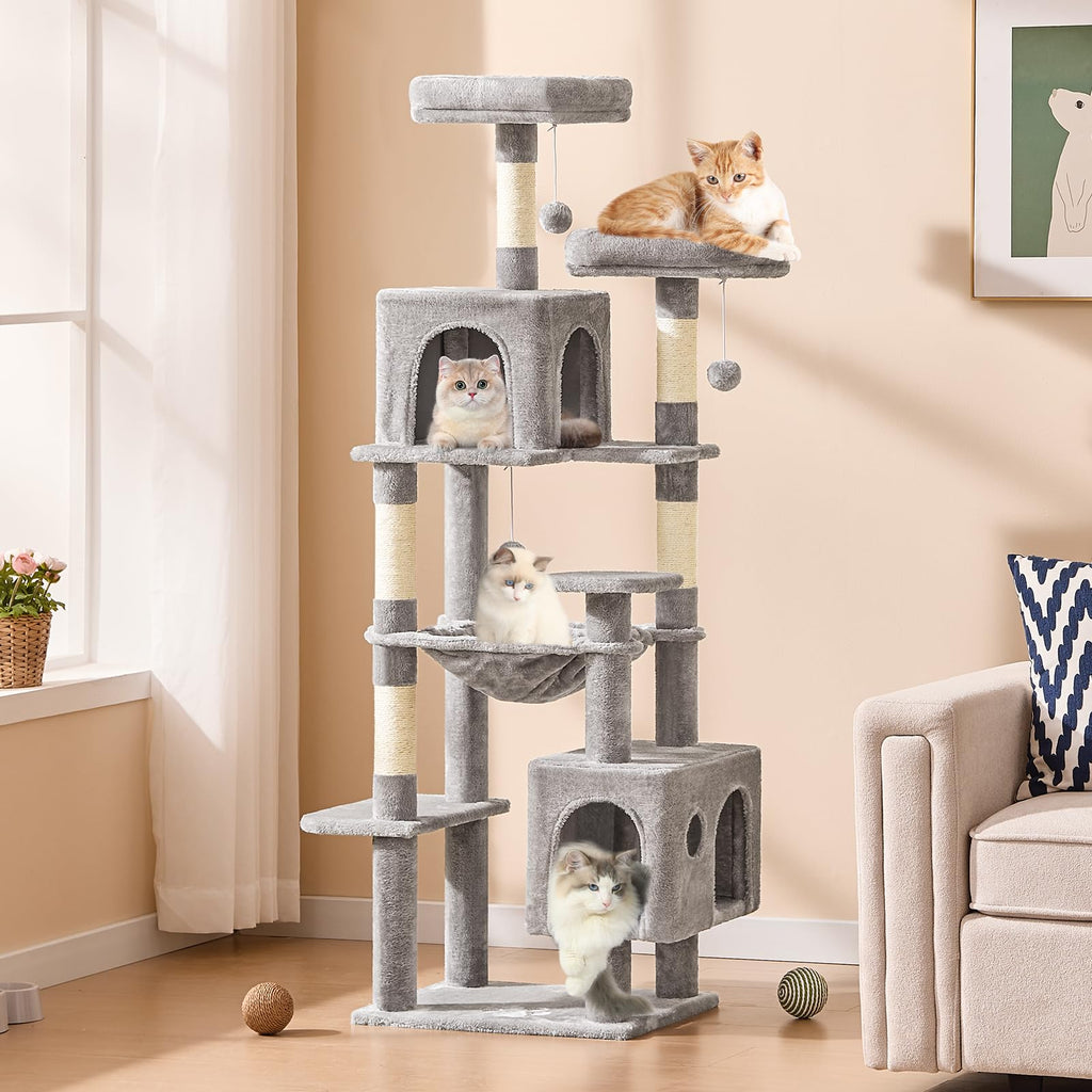 MSmask Grand arbre à chat stable en forme de L avec 2 plateformes, 2 niches pour chats, hamac, poteaux en sisal, arbre d'escalade à plusieurs niveaux pour chats (gris foncé, 160 cm)