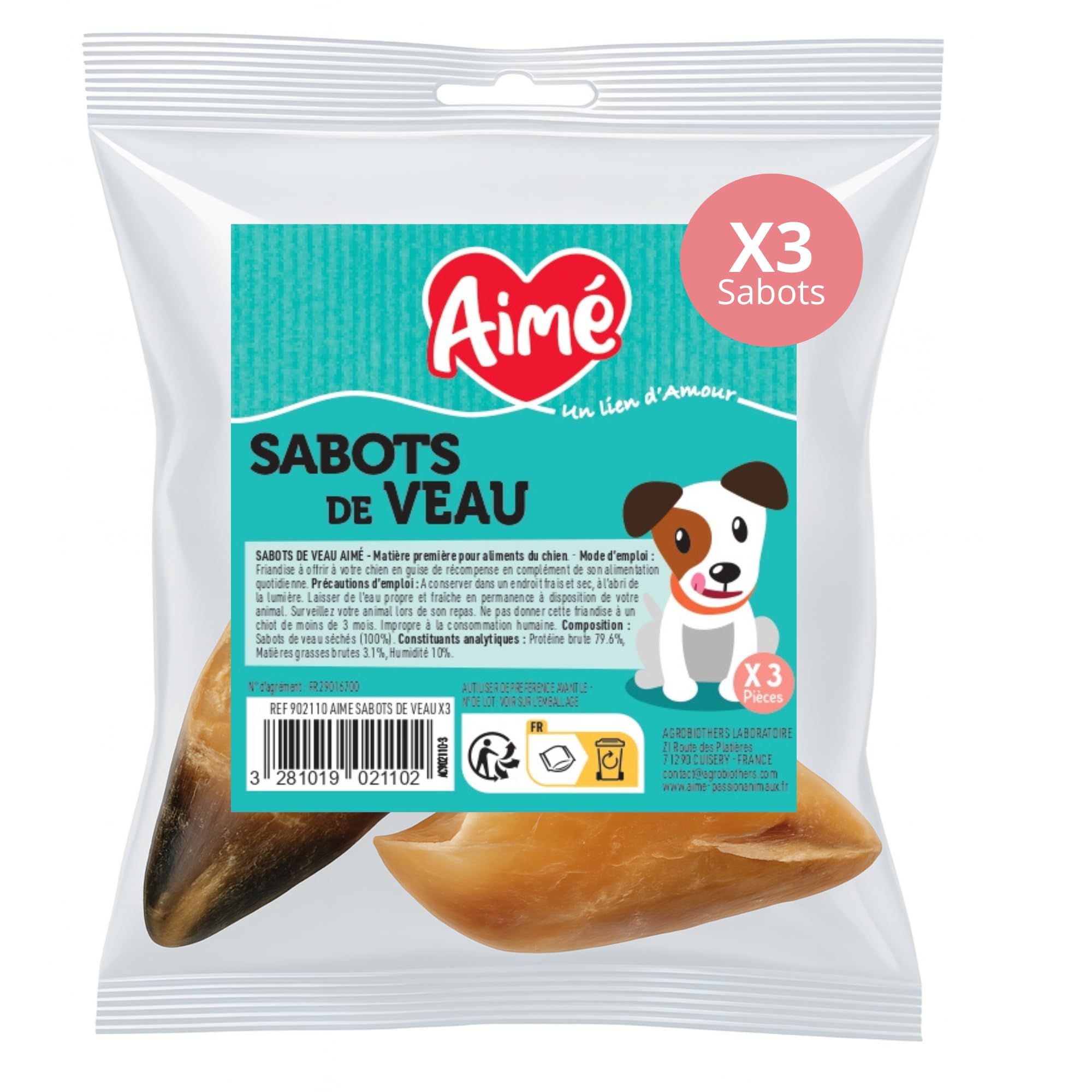 Aimé - Sabot de Veau pour Chien - Friandise pour Chien Saine - Favorise la Mastication de Longue Durée - A Donner Entre Les Repas - Réduit l'Anxiété et Le Stress - Bonne Santé Dentaire - x3