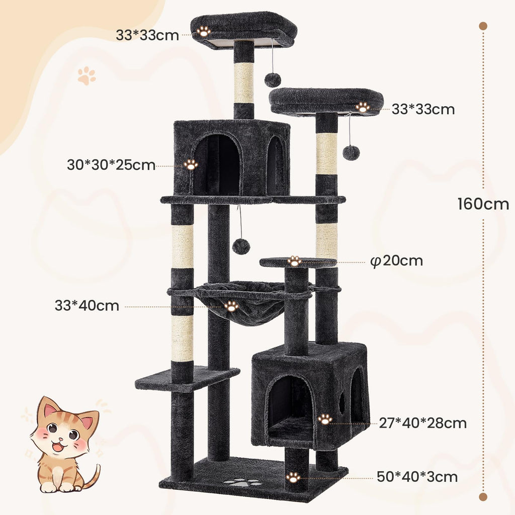 MSmask Grand arbre à chat stable en forme de L avec 2 plateformes, 2 niches pour chats, hamac, poteaux en sisal, arbre d'escalade à plusieurs niveaux pour chats (gris foncé, 160 cm)