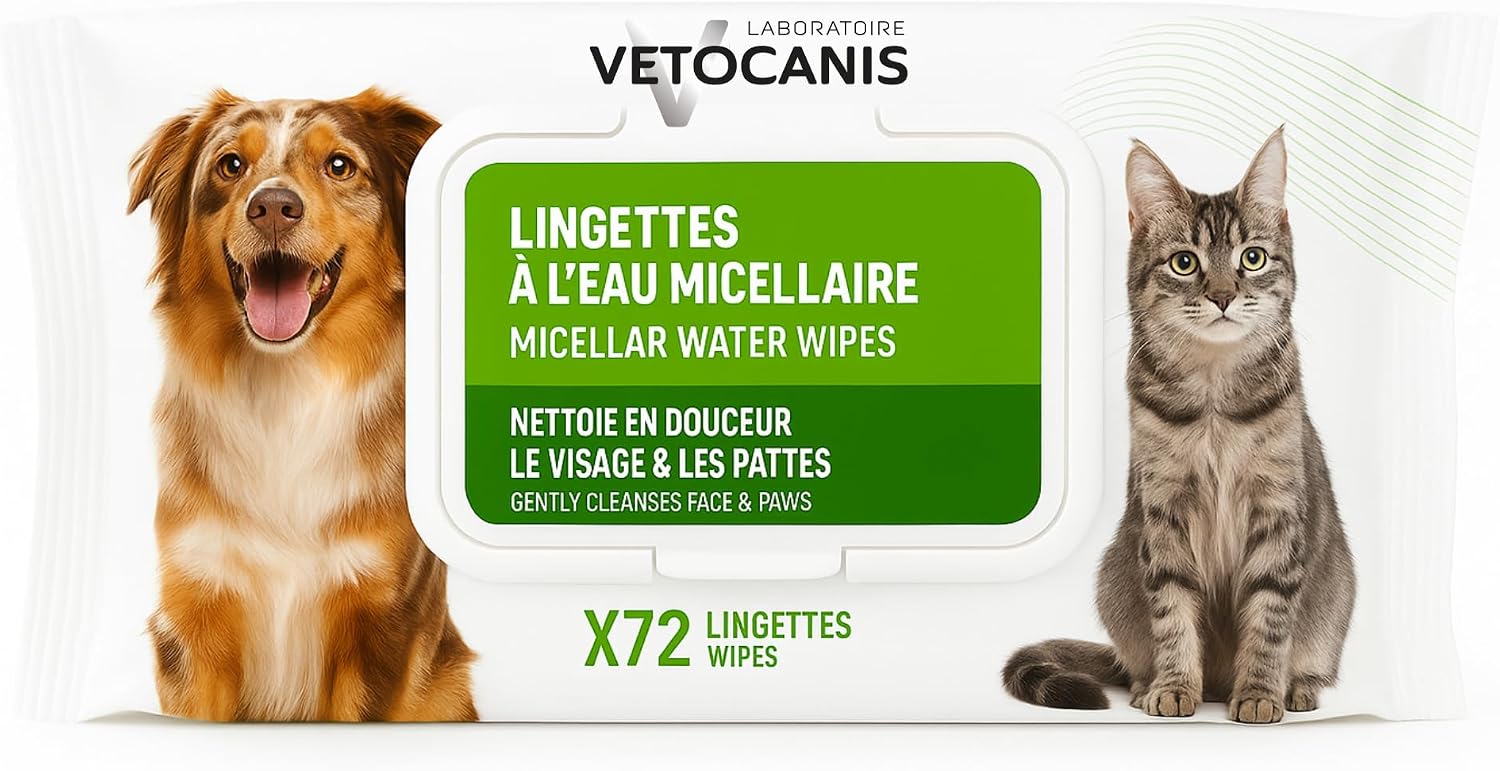 Lingettes à l'eau micellaire Vetocanis pour le visage et les pattes