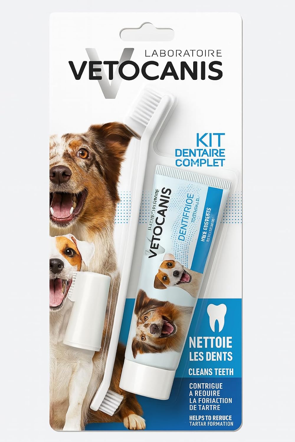Vetocanis - Brosse à Dents Chien, Dentifrice (Tube 85g) et Brosse à Doigts - Kit Dentaire Chien - Dentifrice Triple Action, Nettoie les Dents, Réduit le Tartre, Combat la Mauvaise Haleine