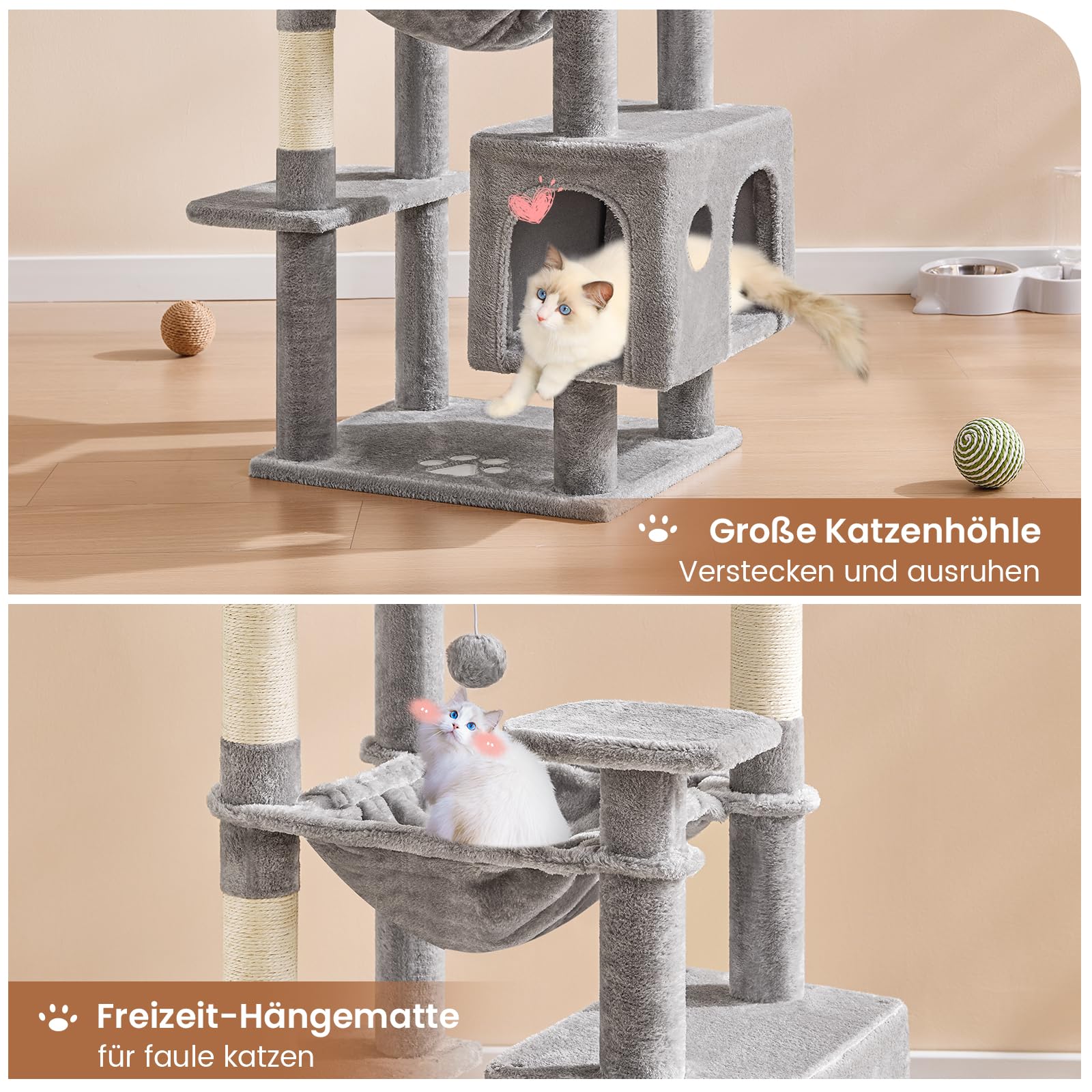 MSmask Grand arbre à chat stable en forme de L avec 2 plateformes, 2 niches pour chats, hamac, poteaux en sisal, arbre d'escalade à plusieurs niveaux pour chats (gris foncé, 160 cm)