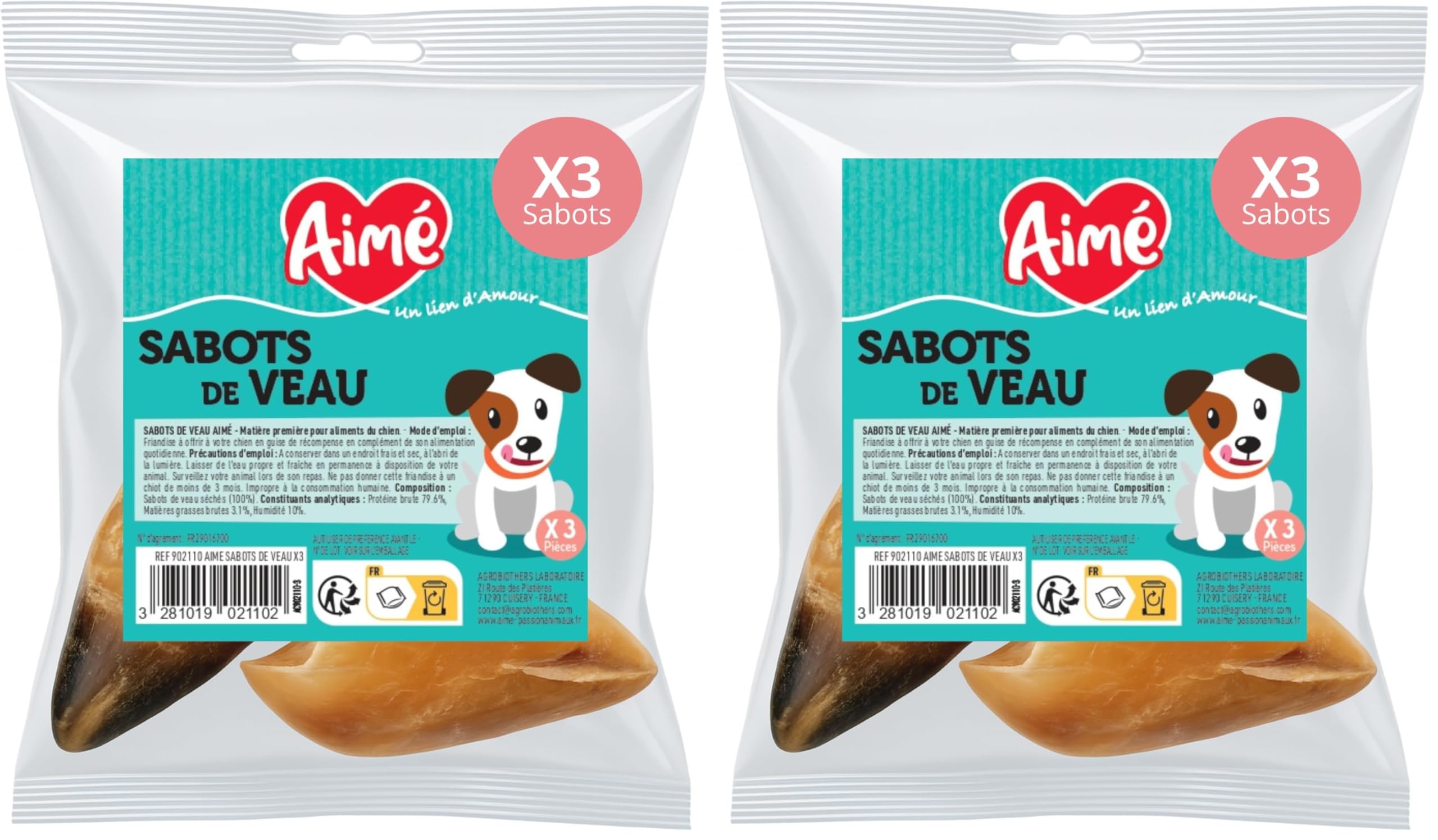 Aimé - Sabot de Veau pour Chien - Friandise pour Chien Saine - Favorise la Mastication de Longue Durée - A Donner Entre Les Repas - Réduit l'Anxiété et Le Stress - Bonne Santé Dentaire - x3