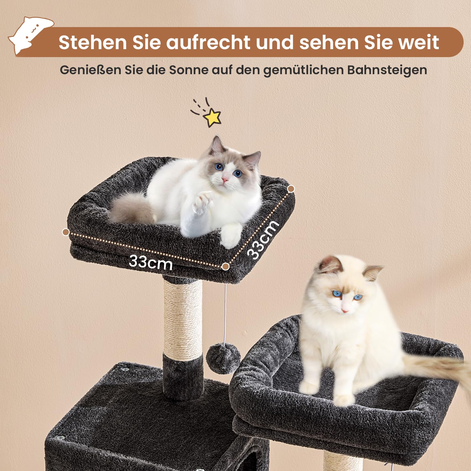 MSmask Grand arbre à chat stable en forme de L avec 2 plateformes, 2 niches pour chats, hamac, poteaux en sisal, arbre d'escalade à plusieurs niveaux pour chats (gris foncé, 160 cm)