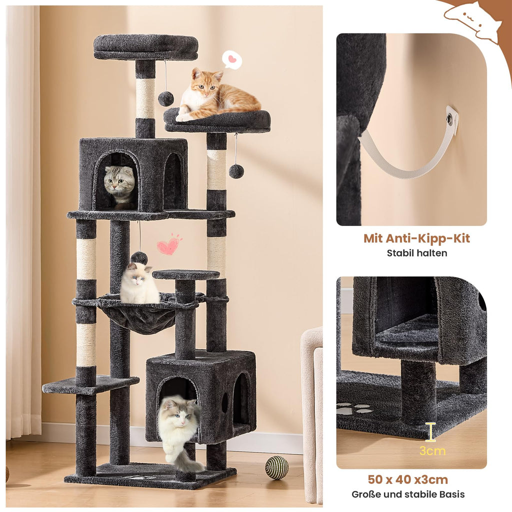 MSmask Grand arbre à chat stable en forme de L avec 2 plateformes, 2 niches pour chats, hamac, poteaux en sisal, arbre d'escalade à plusieurs niveaux pour chats (gris foncé, 160 cm)