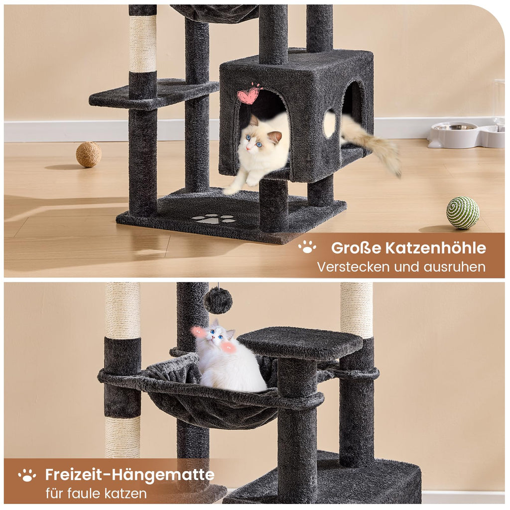 MSmask Grand arbre à chat stable en forme de L avec 2 plateformes, 2 niches pour chats, hamac, poteaux en sisal, arbre d'escalade à plusieurs niveaux pour chats (gris foncé, 160 cm)