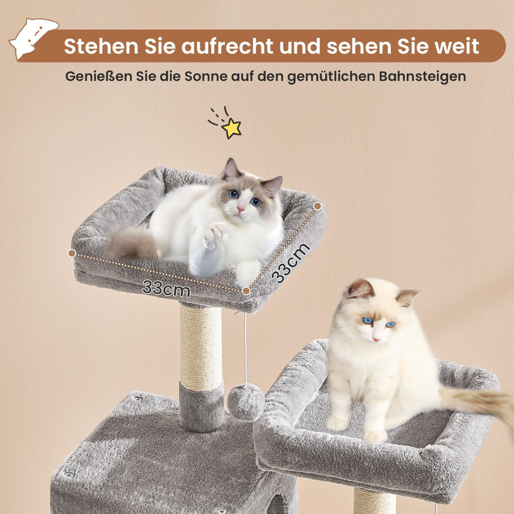 MSmask Grand arbre à chat stable en forme de L avec 2 plateformes, 2 niches pour chats, hamac, poteaux en sisal, arbre d'escalade à plusieurs niveaux pour chats (gris foncé, 160 cm)