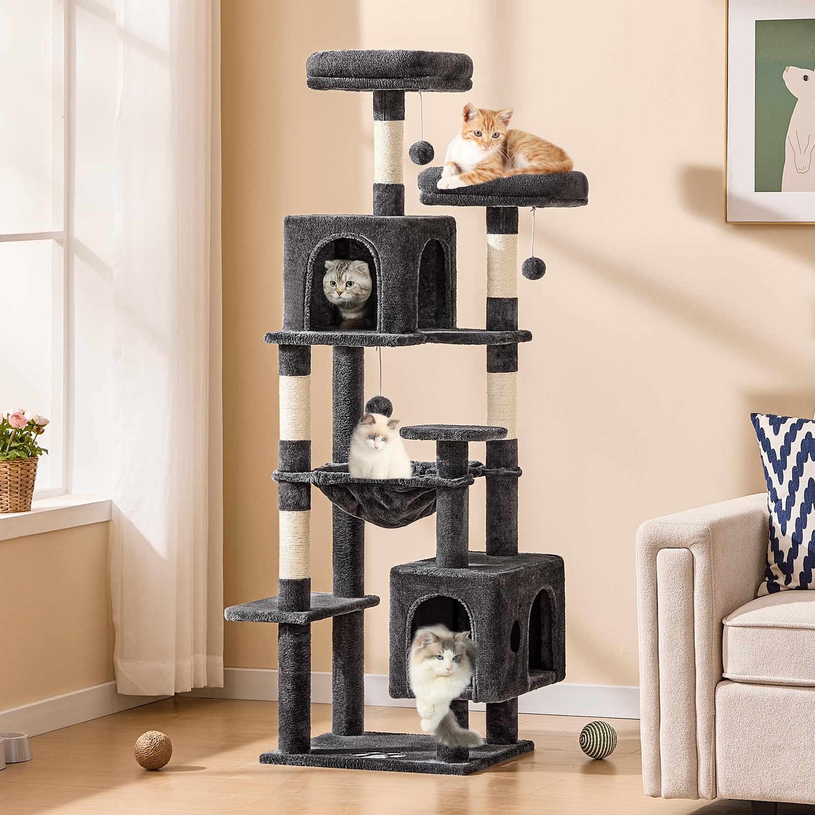 MSmask Grand arbre à chat stable en forme de L avec 2 plateformes, 2 niches pour chats, hamac, poteaux en sisal, arbre d'escalade à plusieurs niveaux pour chats (gris foncé, 160 cm)
