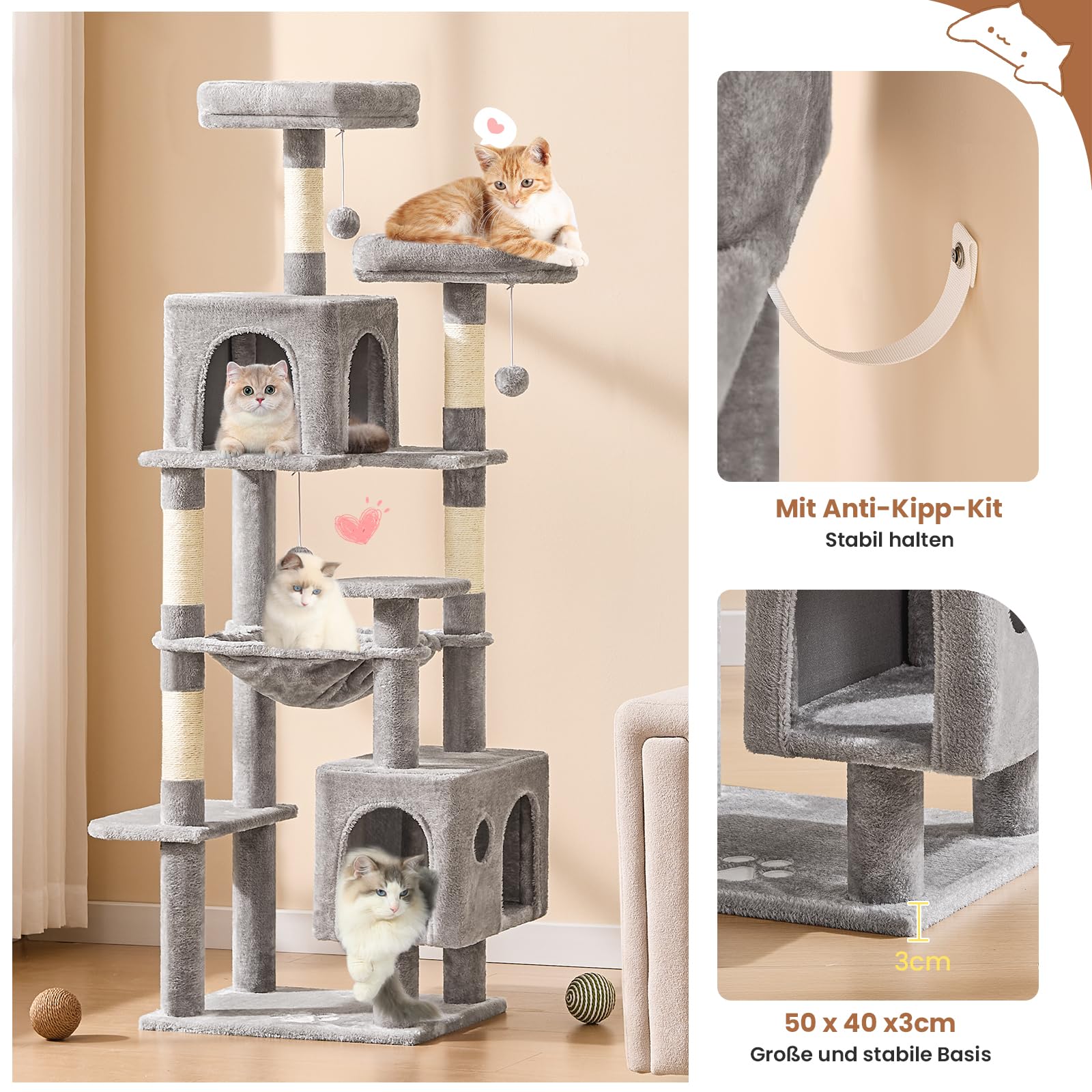 MSmask Grand arbre à chat stable en forme de L avec 2 plateformes, 2 niches pour chats, hamac, poteaux en sisal, arbre d'escalade à plusieurs niveaux pour chats (gris foncé, 160 cm)