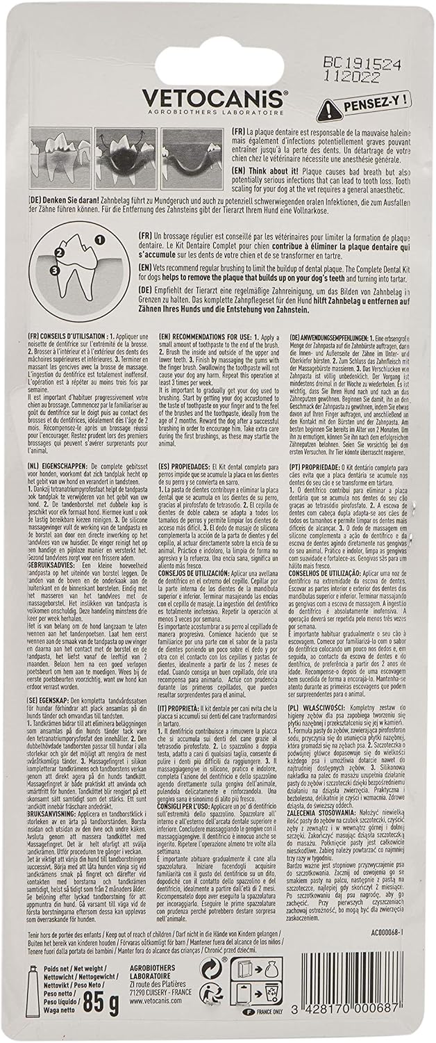 Vetocanis - Brosse à Dents Chien, Dentifrice (Tube 85g) et Brosse à Doigts - Kit Dentaire Chien - Dentifrice Triple Action, Nettoie les Dents, Réduit le Tartre, Combat la Mauvaise Haleine