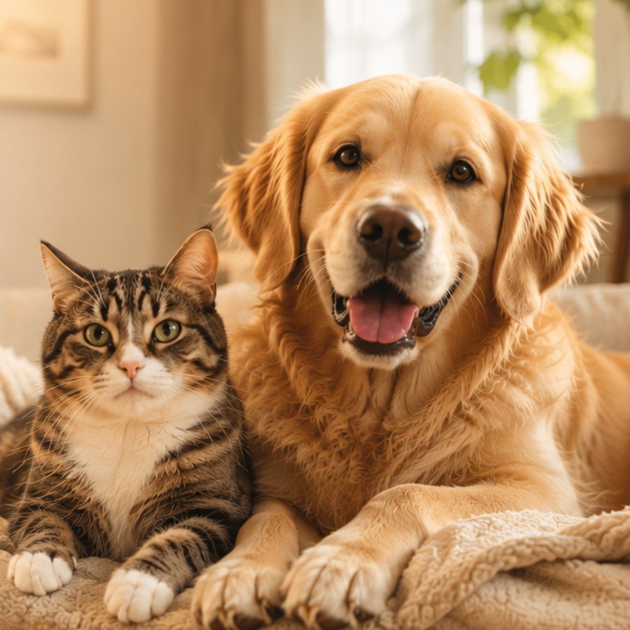 Un golden retriever et un chat tigré installés côte à côte sur un couchage moelleux